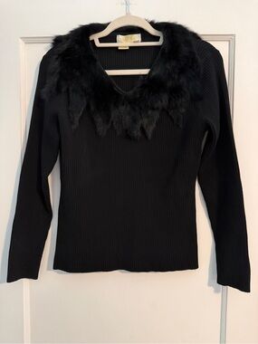 Vintage Adore Fur Collar Ribbed Sweater Black Large Coquette Whimsigoth